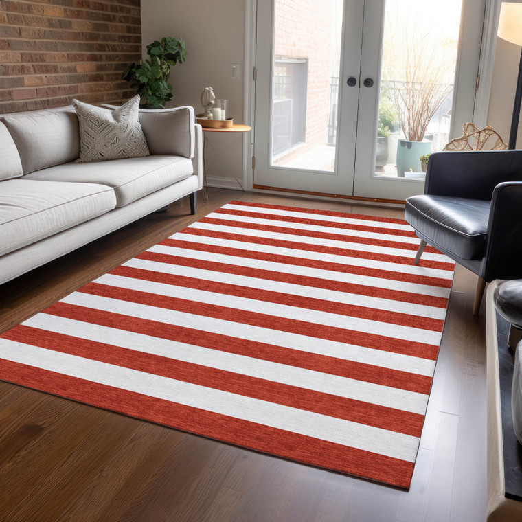 5' X 8' Red and White Striped Washable Non Skid Indoor Outdoor Area Rug