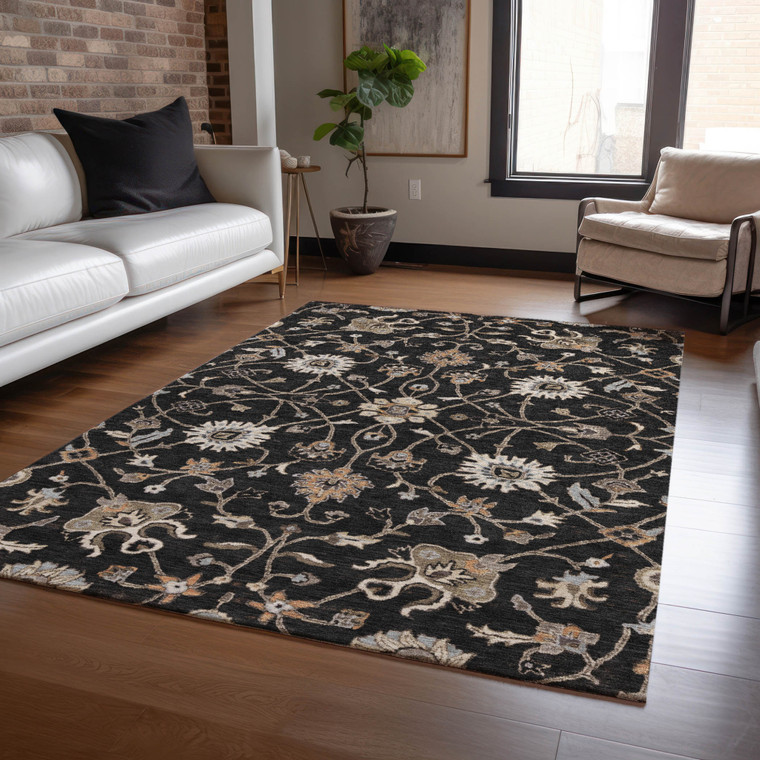 5' X 8' Black Brown And Ivory Floral Washable Indoor Outdoor Area Rug