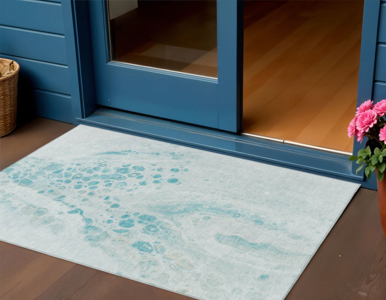 3' X 5' Teal Blue And Pale Aqua Abstract Washable Indoor Outdoor Area Rug - 880016702262