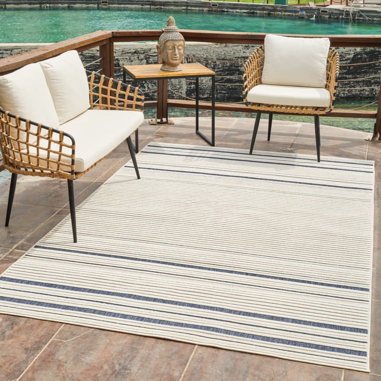 4' X 6' Blue and Cream Striped Distressed Indoor Outdoor Area Rug