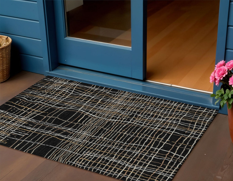 3' X 5' Black Ivory And Brown Striped Washable Indoor Outdoor Area Rug