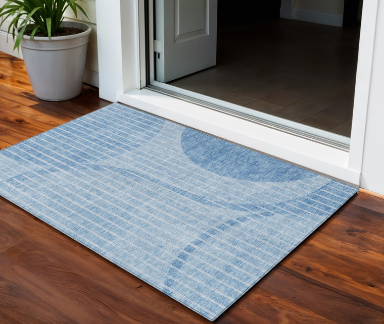 3' X 5' Denim Blue And Sky Blue Striped Washable Indoor Outdoor Area Rug