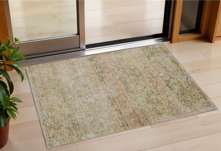 3' X 5' Gold And Beige Abstract Washable Indoor Outdoor Area Rug - Gold, Beige