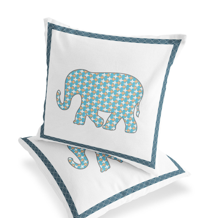 Set of Two 16" X 16" Blue and White Elephant Blown Seam Animal Print Indoor Outdoor Throw Pillow Polyester Home Accent