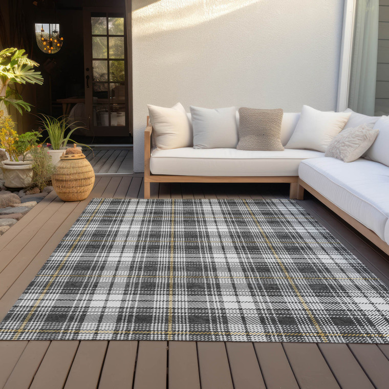 5' X 8' Charcoal Ivory And Gold Plaid Washable Indoor Outdoor Area Rug