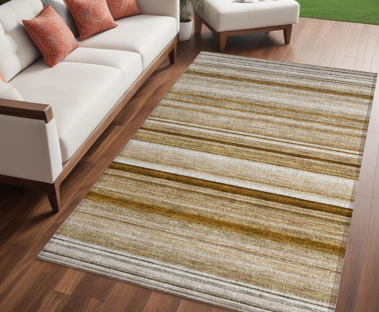 5' X 8' Chocolate Striped Washable Non Skid Indoor Outdoor Area Rug - Chocolate
