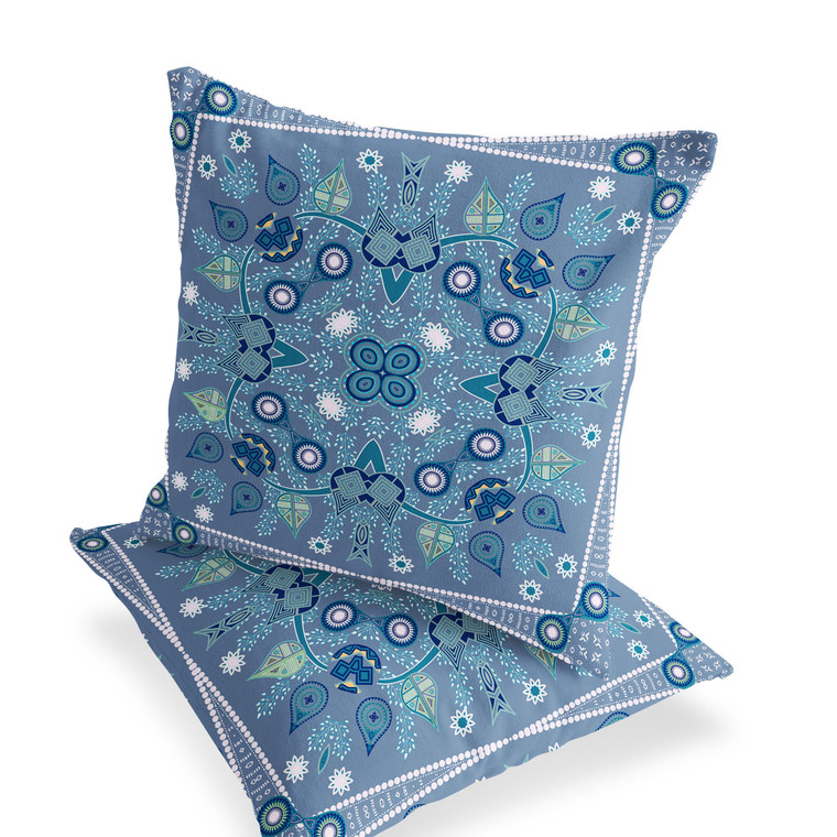 Set of Two 16" X 16" Blue and White Blown Seam Paisley Indoor Outdoor Throw Pillow Polyester Decor