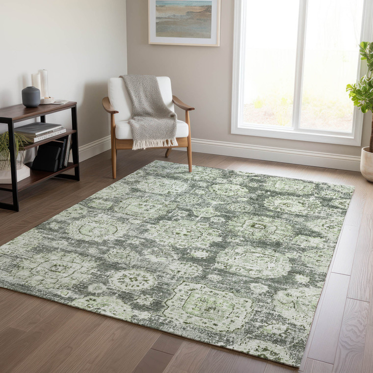 5' X 8' Artichoke Green And Olive Green Floral Washable Indoor Outdoor Area Rug - Artichoke Green, Olive Green