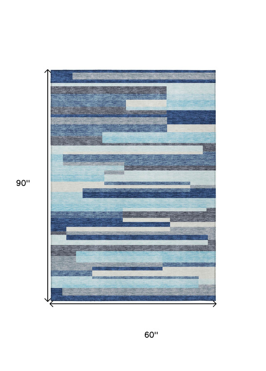 5' X 8' Blue Gray And Ivory Striped Washable Indoor Outdoor Area Rug - 880016388534