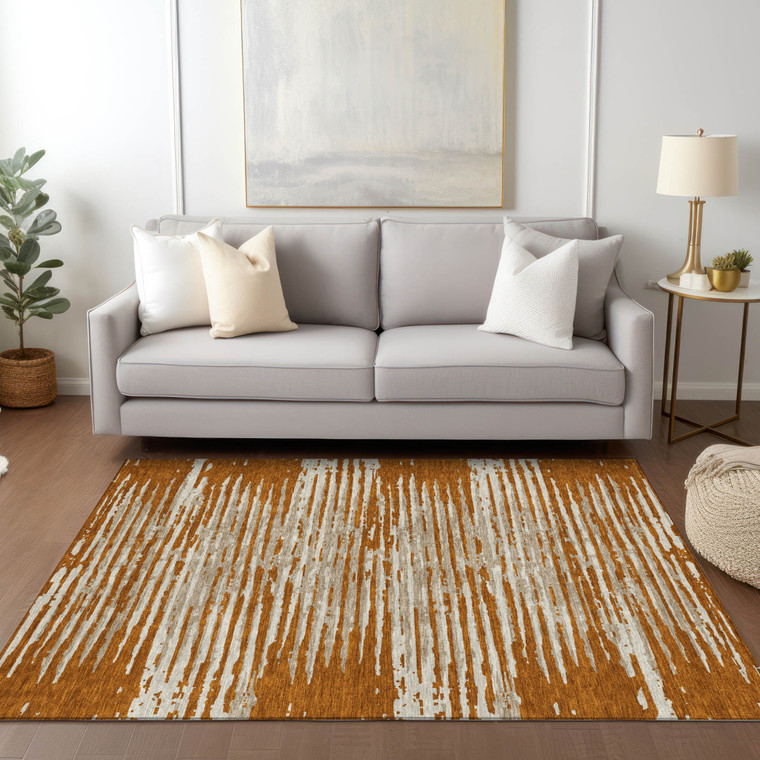 3' X 5' Brown Gray And Ivory Striped Washable Indoor Outdoor Area Rug