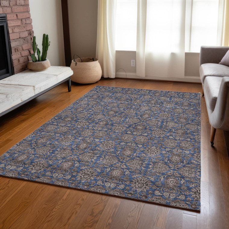5' X 8' Navy Blue Beige And Taupe Floral Washable Indoor Outdoor Area Rug
