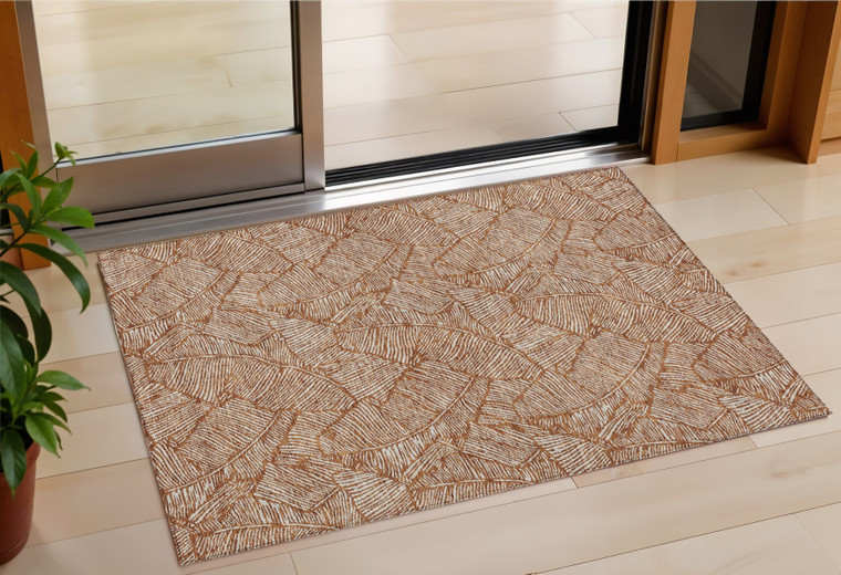 3' X 5' Copper And Beige Floral Washable Indoor Outdoor Area Rug - 608219297237