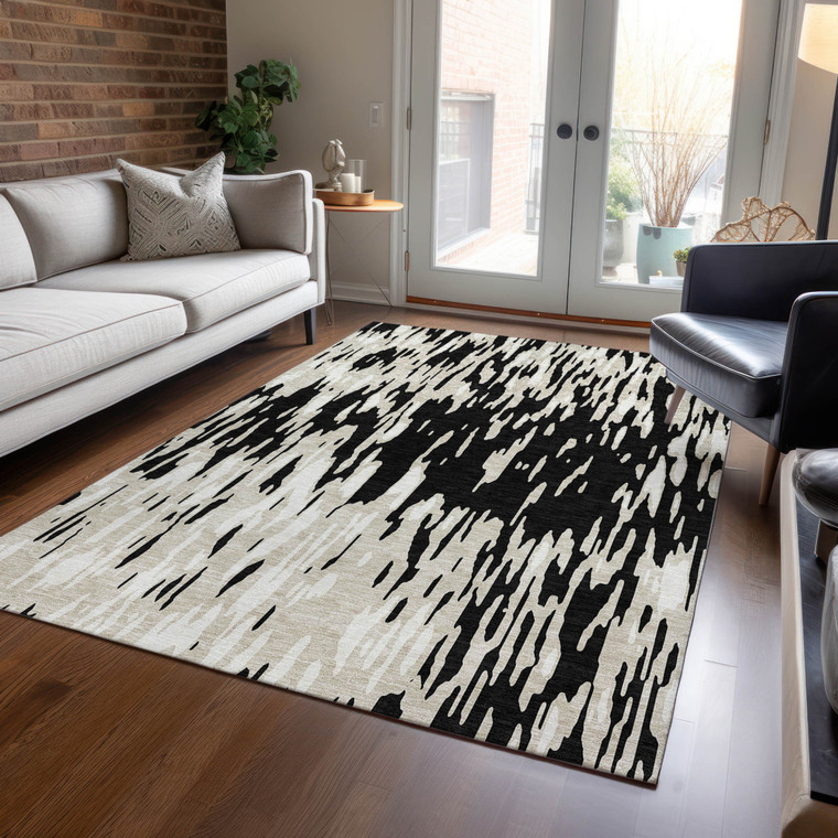 3' X 5' Black And Ivory Abstract Washable Indoor Outdoor Area Rug Transitional Style - Black, Ivory Color
