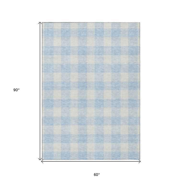 5' X 8' Sky Blue And Gray Plaid Washable Indoor Outdoor Area Rug