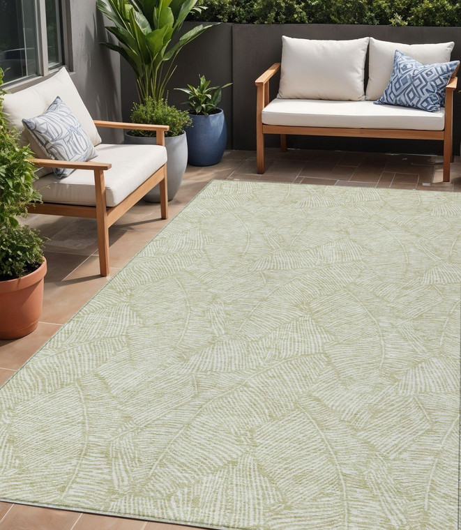 5' X 8' Artichoke Green And Ivory Floral Washable Indoor Outdoor Area Rug Transitional Style - Artichoke Green, Ivory Color