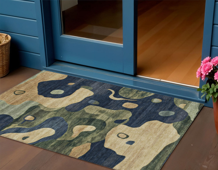 3' X 5' Navy Blue Gold And Olive Green Abstract Washable Indoor Outdoor Area Rug