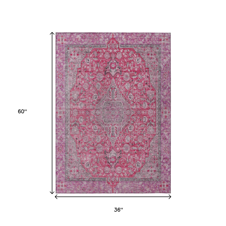 3' X 5' Pink And Lavender Medallion Washable Indoor Outdoor Area Rug