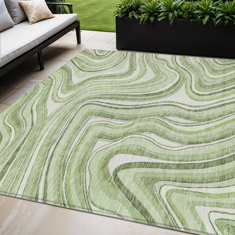 5' X 8' Artichoke Green And Ivory Abstract Washable Indoor Outdoor Area Rug - 608219246181