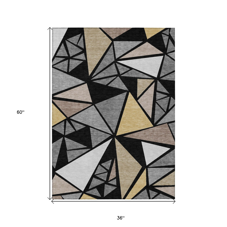 3' X 5' Black Beige And Gray Geometric Washable Indoor Outdoor Area Rug