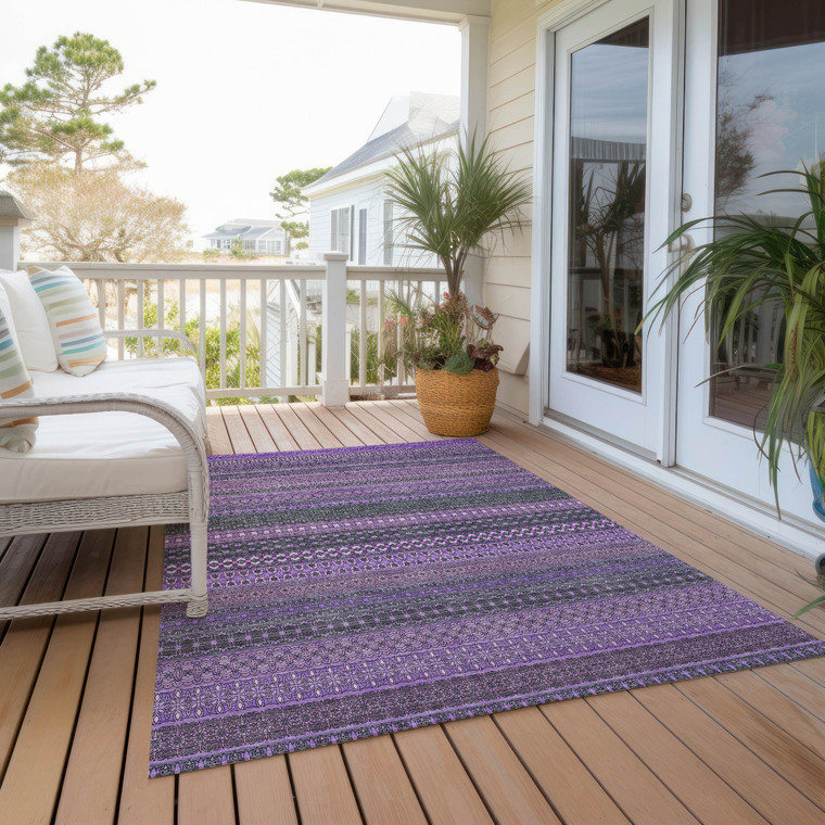 5' X 8' Purple Striped Washable Non Skid Indoor Outdoor Area Rug