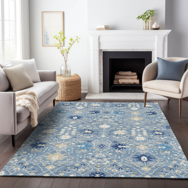 3' X 5' Denim Blue Ivory And Beige Oriental Washable Indoor Outdoor Area Rug