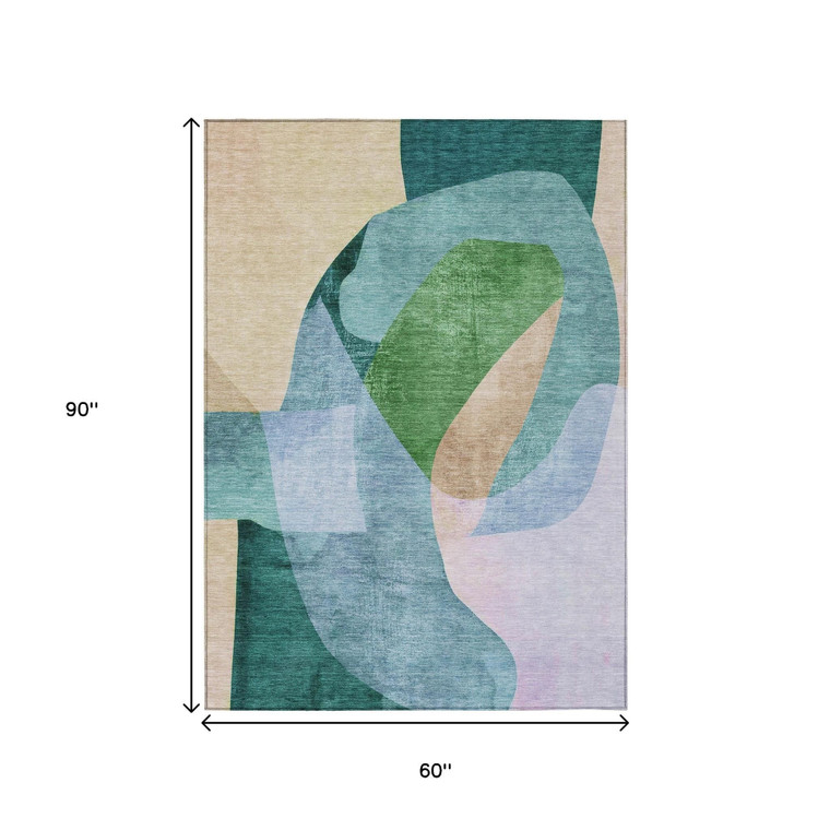 5' X 8' Green And Teal Blue Abstract Washable Indoor Outdoor Area Rug