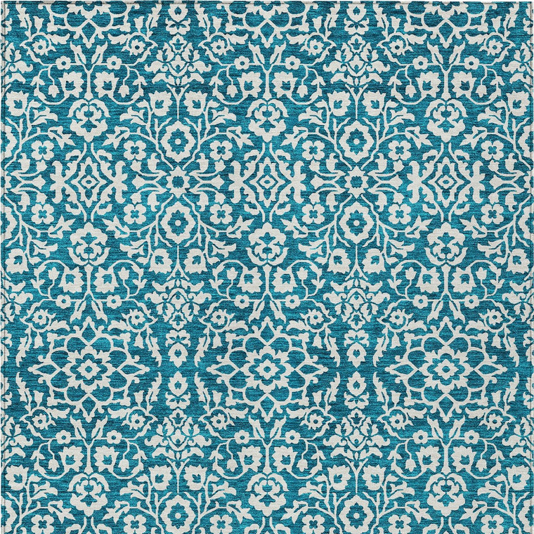 3' X 5' Teal Blue And Ivory Damask Washable Indoor Outdoor Area Rug