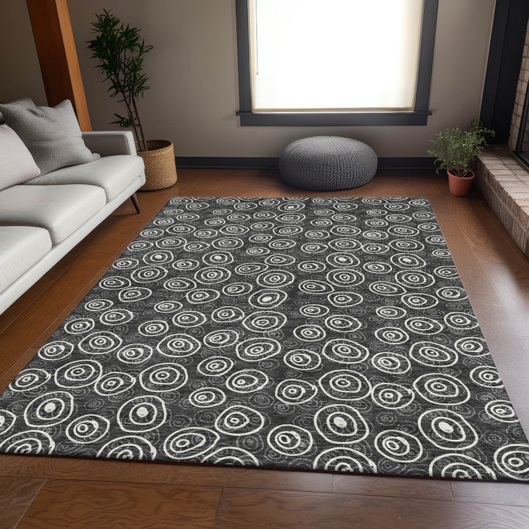 5' X 8' Black Gray And Ivory Geometric Washable Indoor Outdoor Area Rug