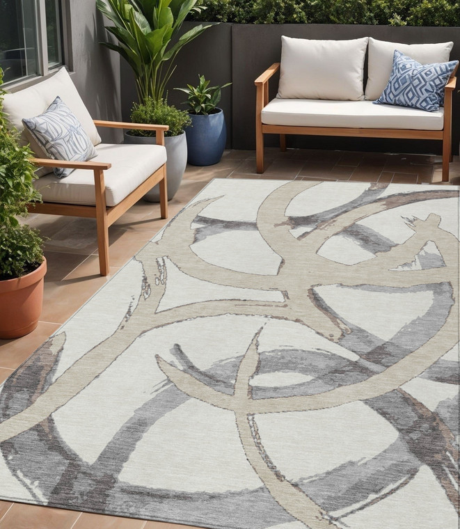 5' X 8' Ivory Gray And Beige Abstract Washable Indoor Outdoor Area Rug