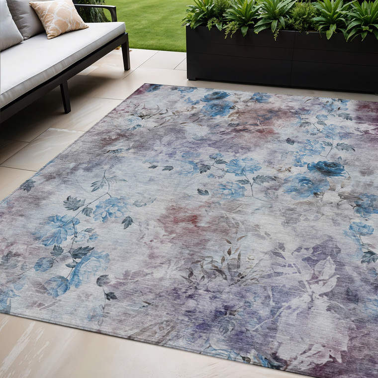 5' X 8' Navy Blue And Sky Blue Floral Washable Indoor Outdoor Area Rug
