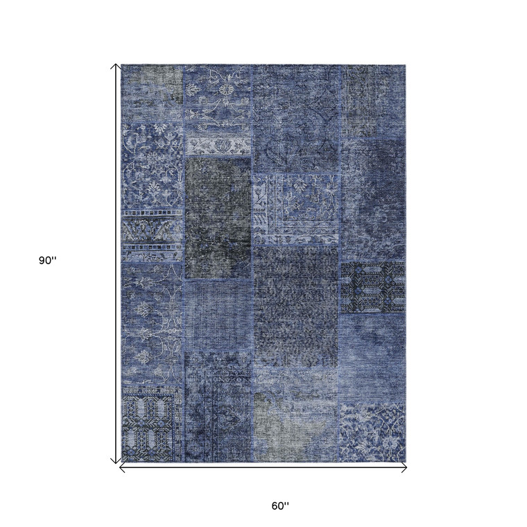 5' X 8' Navy Blue And Charcoal Patchwork Washable Indoor Outdoor Area Rug