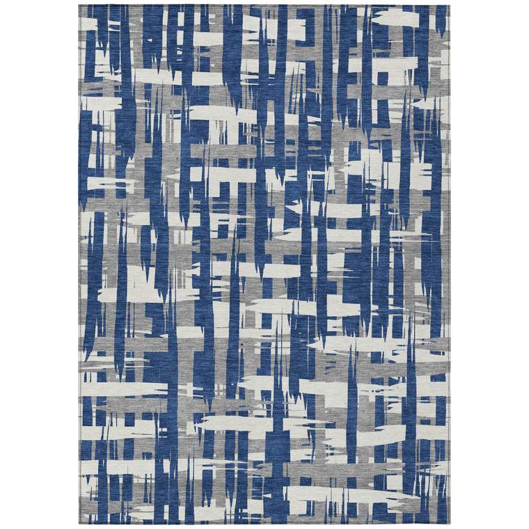 5' X 8' Navy Blue Gray And Ivory Striped Washable Indoor Outdoor Area Rug - Navy Blue, Gray, Ivory
