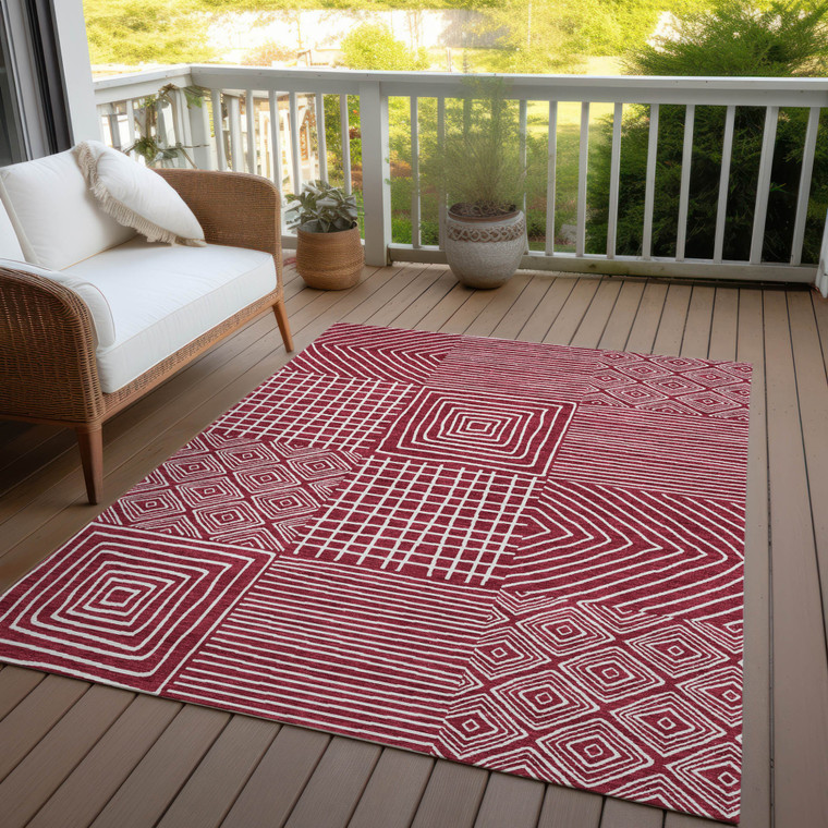 5' X 8' Red And Ivory Geometric Washable Indoor Outdoor Area Rug Transitional Style - Red, Ivory Color