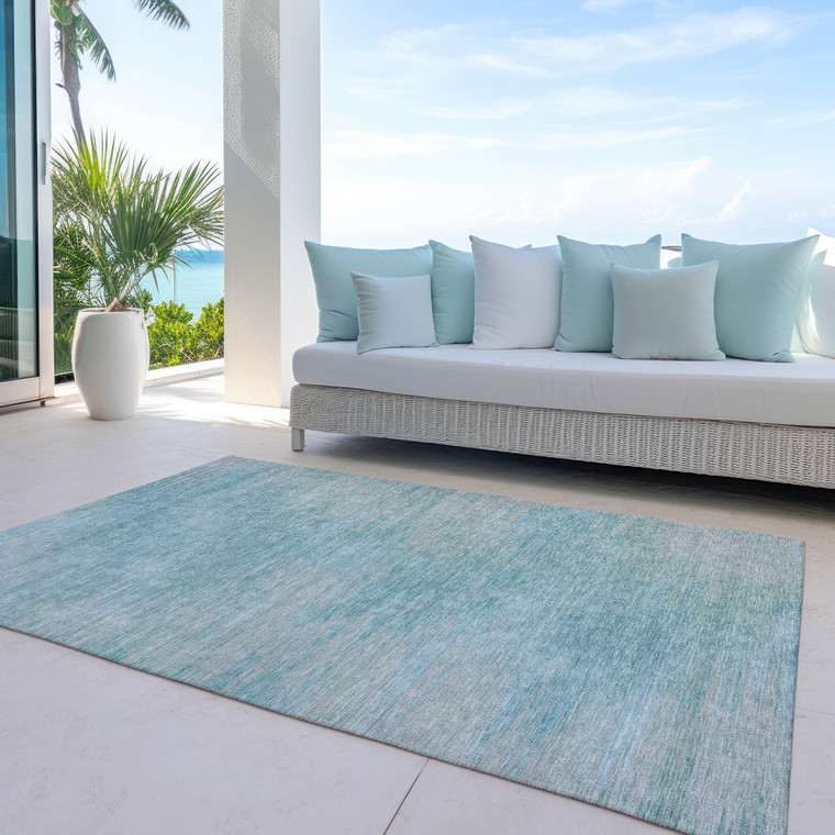 3' X 5' Aqua Teal Blue And Gray Abstract Washable Indoor Outdoor Area Rug