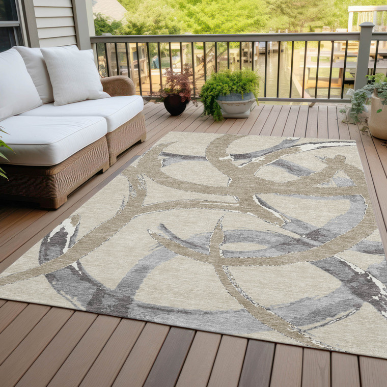 5' X 8' Beige Ivory And Gray Abstract Washable Indoor Outdoor Area Rug