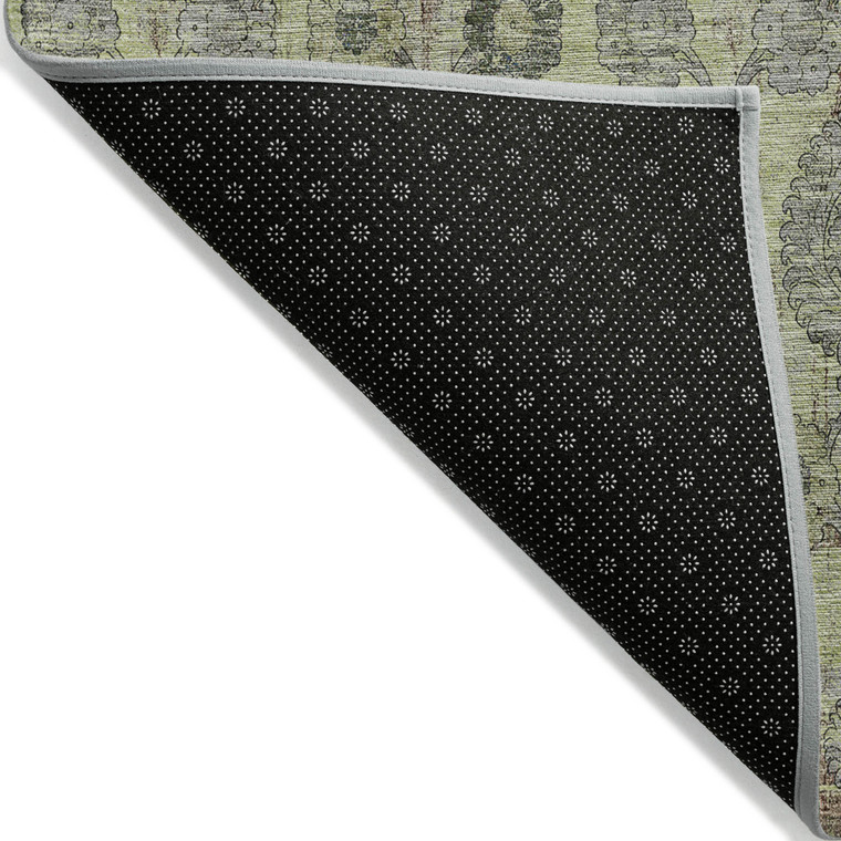 3' X 5' Artichoke Green And Gray Damask Washable Indoor Outdoor Area Rug