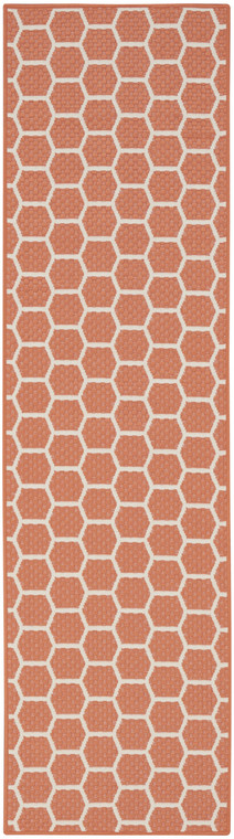 8' Coral And Ivory Geometric Indoor Outdoor Runner Rug