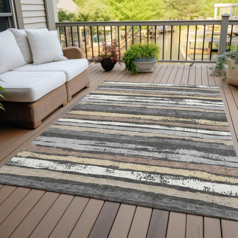 5' X 8' Charcoal Beige And Brown Striped Washable Indoor Outdoor Area Rug