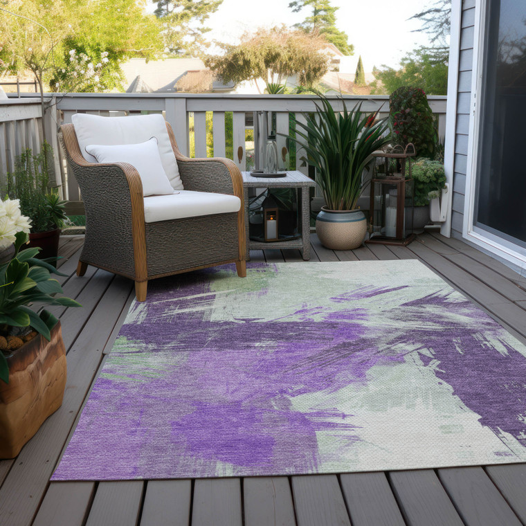 3' X 5' Purple Mint Green And Ivory Abstract Washable Indoor Outdoor Area Rug - Purple, Mint Green, Ivory