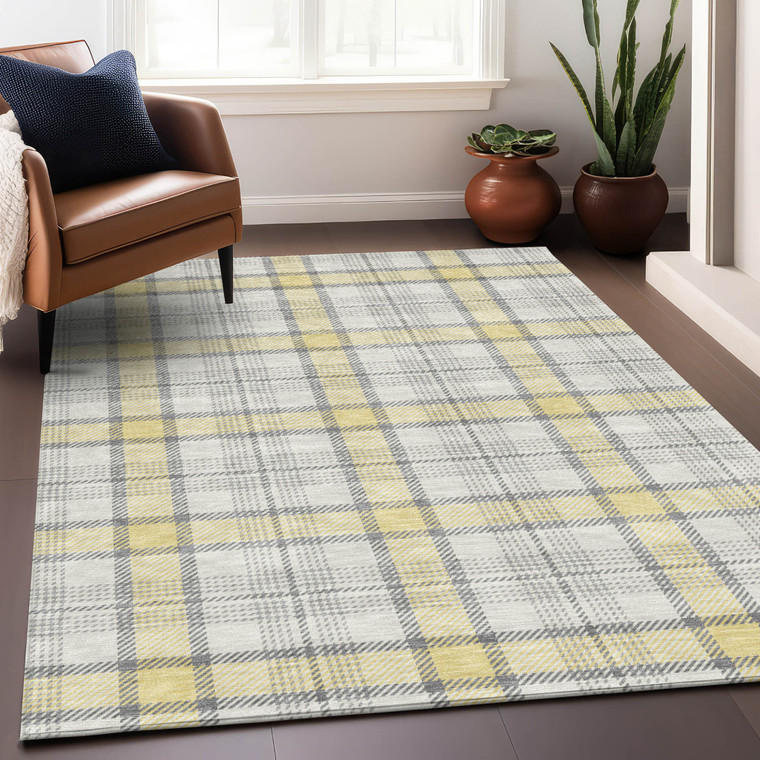 5' X 8' Yellow And Gray Plaid Washable Indoor Outdoor Area Rug