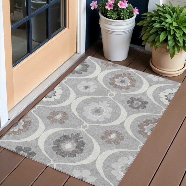 3' X 5' Gray Charcoal And Brown Medallion Washable Indoor Outdoor Area Rug