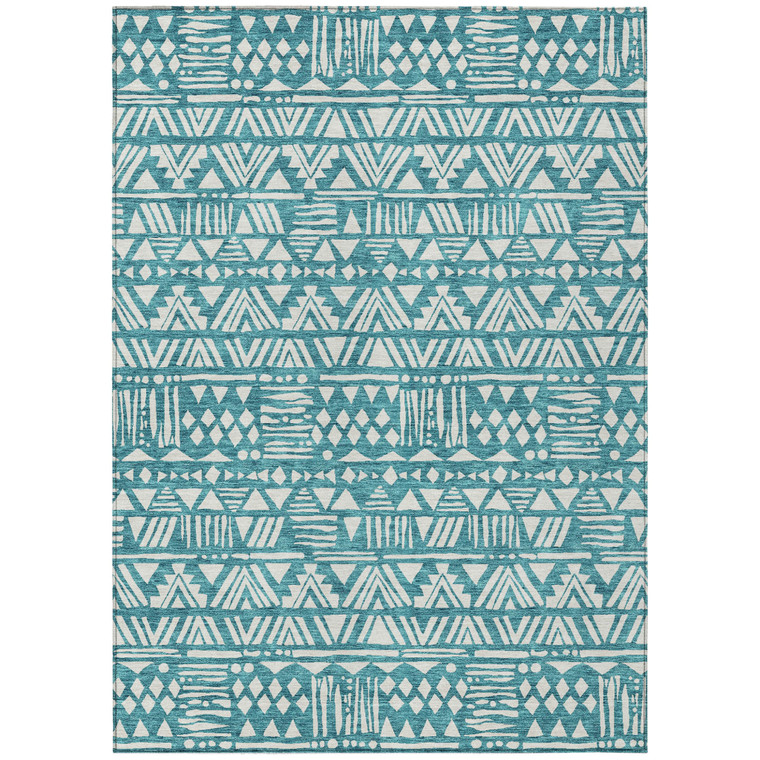 5' X 8' Teal Blue And Ivory Southwestern Washable Indoor Outdoor Area Rug