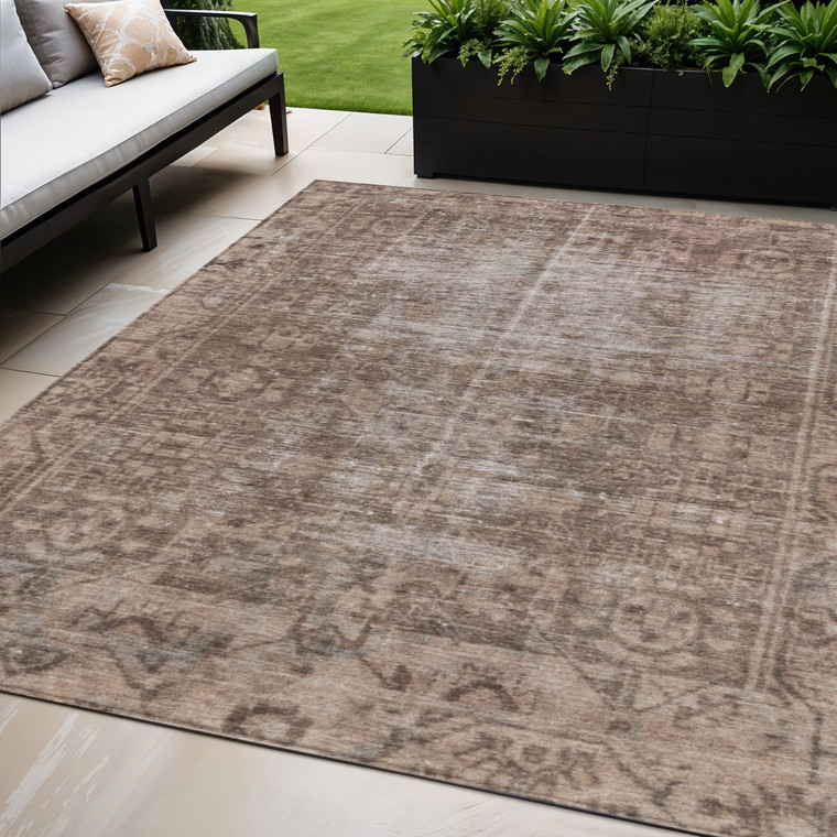 5' X 8' Brown Oriental Washable Indoor Outdoor Area Rug