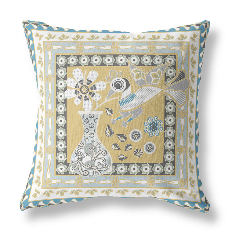 18" x 18" Beige and White Peacock Blown Seam Floral Indoor Outdoor Throw Pillow - 606114753865