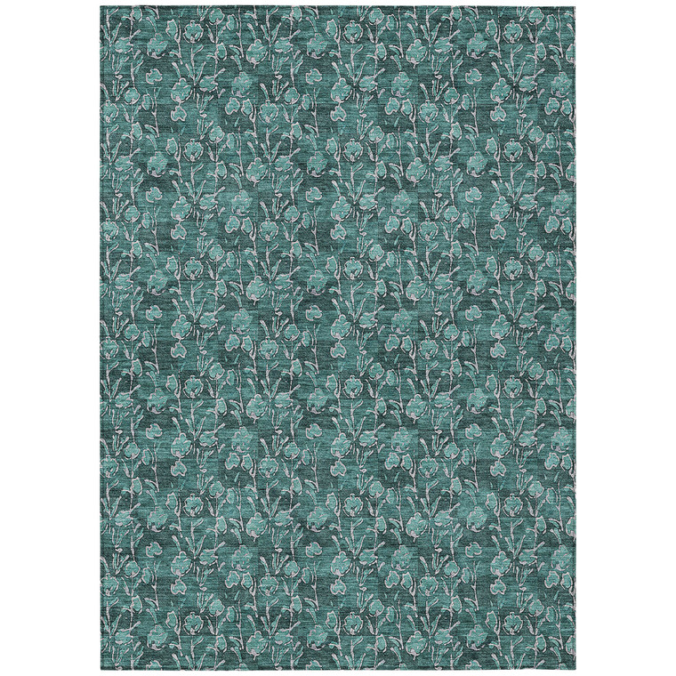 5' X 8' Teal Blue Aqua And Ivory Floral Washable Indoor Outdoor Area Rug - Teal Blue, Aqua, Ivory