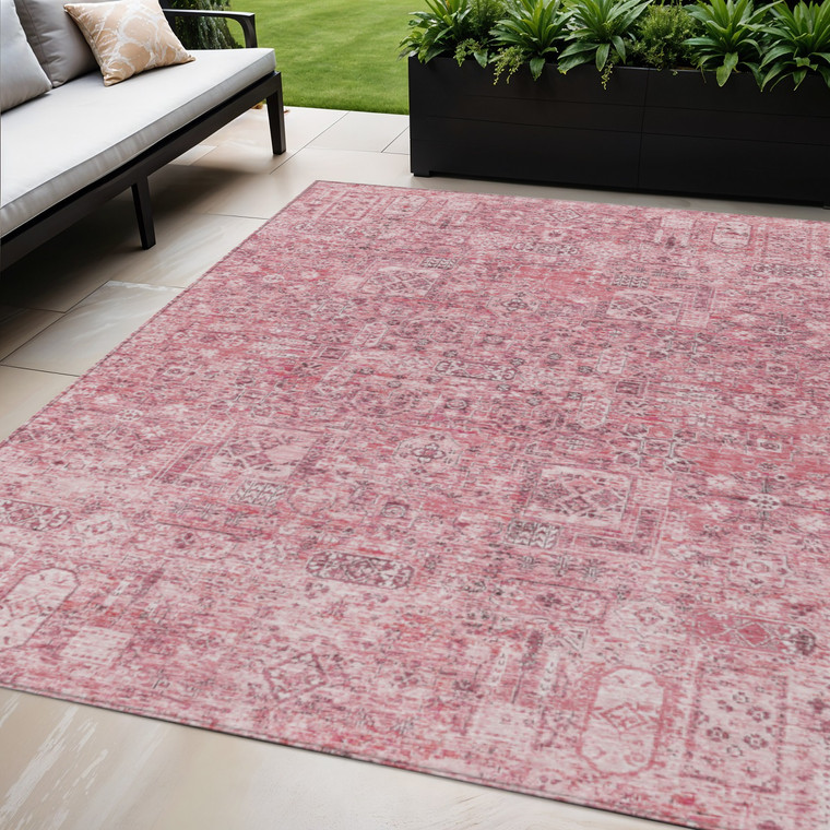 5' X 8' Pink Blush And Charcoal Floral Washable Indoor Outdoor Area Rug