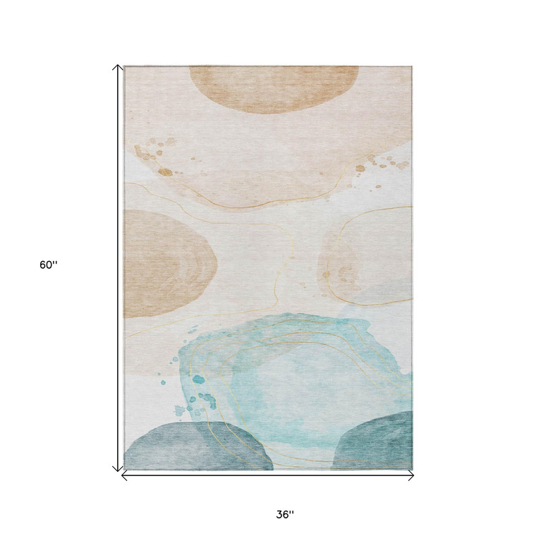 3' X 5' Beige and Blue Abstract Washable Non Skid Indoor Outdoor Area Rug - 608219251970