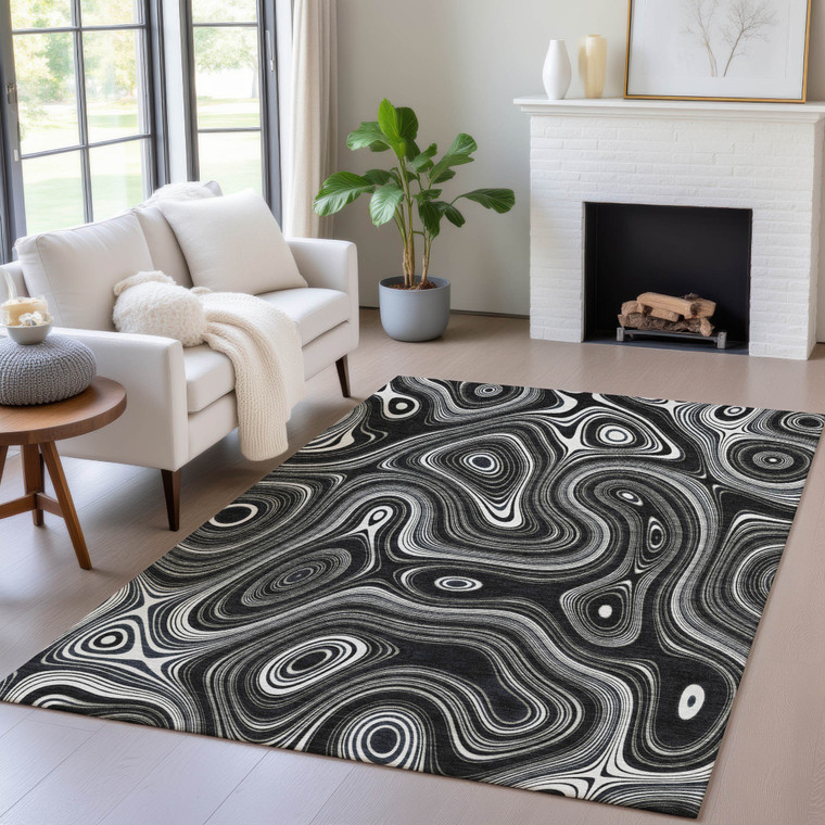 3' X 5' Black And Ivory Geometric Washable Indoor Outdoor Area Rug - Black, Ivory