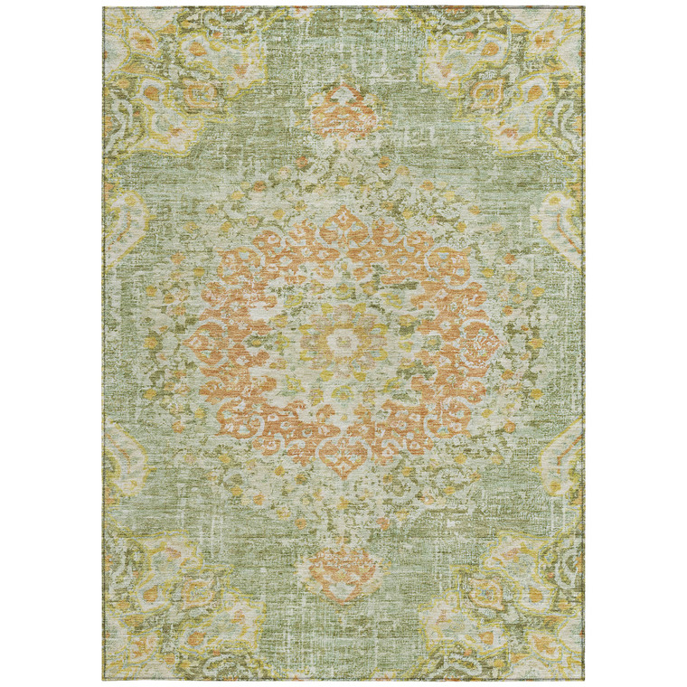 3' X 5' Artichoke Green Floral Medallion Washable Indoor Outdoor Area Rug