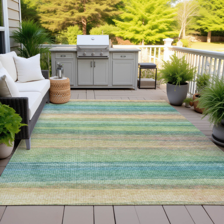 3' X 5' Artichoke Green Peach And Teal Blue Striped Washable Indoor Outdoor Area Rug